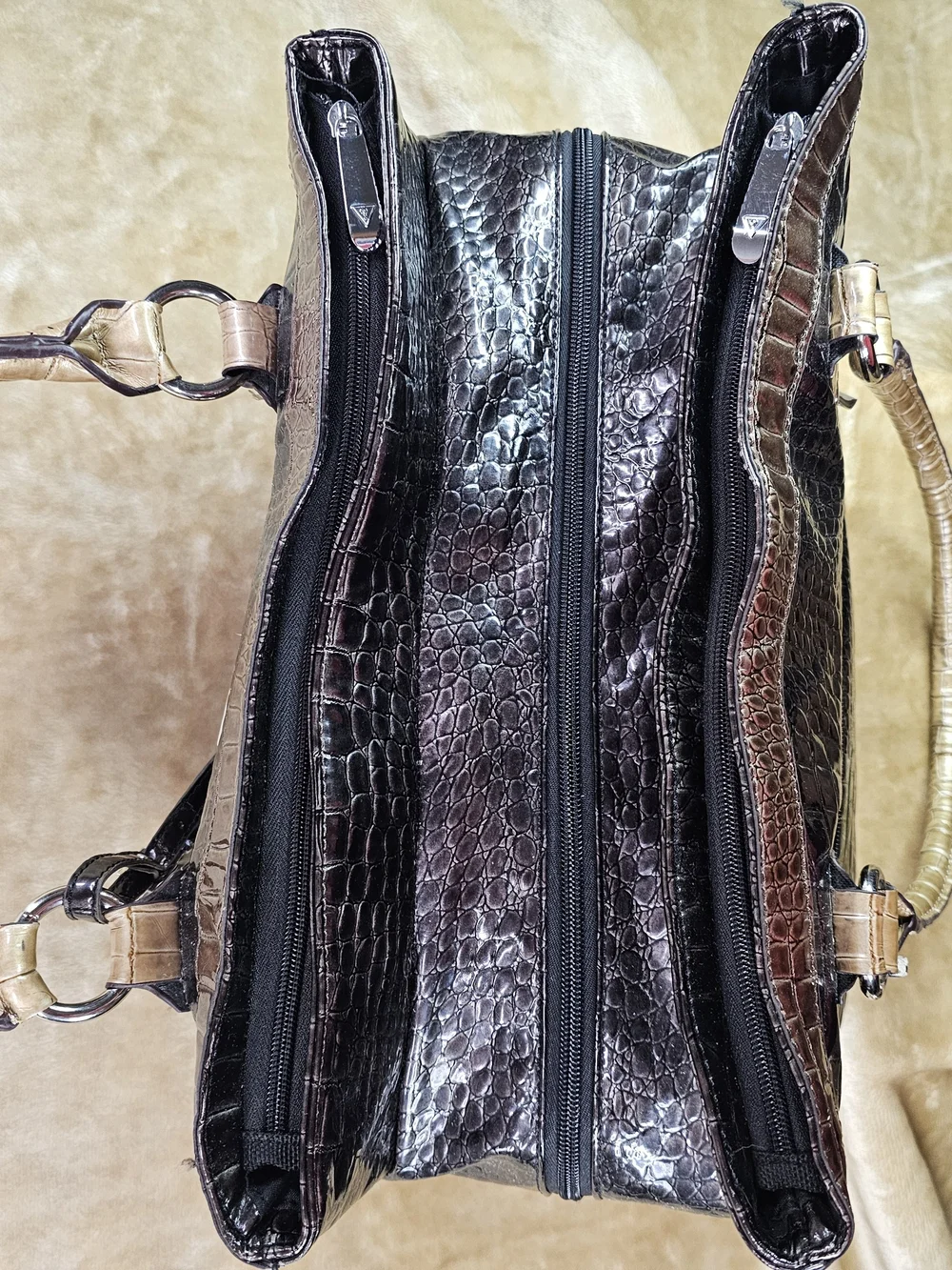 GUESS Metallic Black Croc-Embossed Tote and Satchel Set